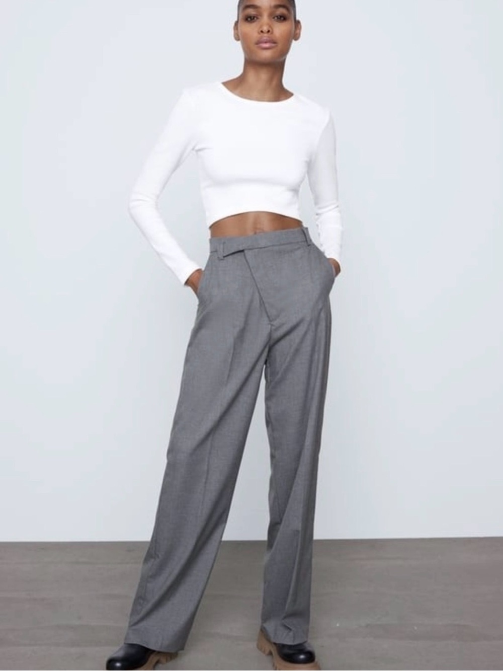 ZARA Grey Asymmetric Crossover Waist Wide Leg Trousers Pants Size Medium M